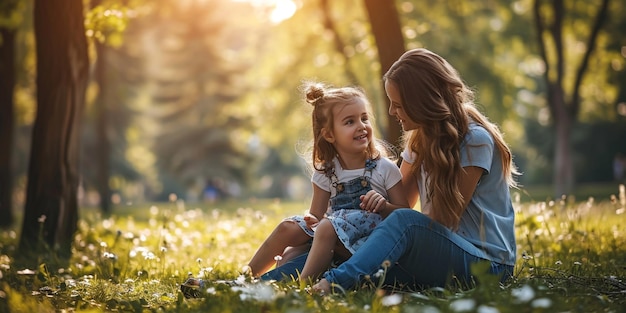 Smiling mother and daughter sitting in the park high realistic 8k resolution