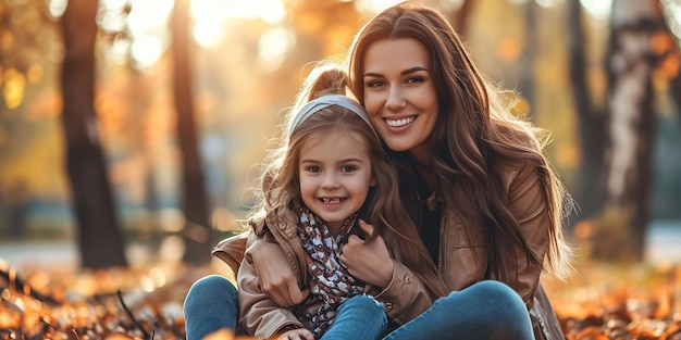 Smiling mother and daughter sitting in the park high realistic 8k resolution