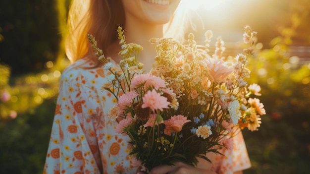 A smiling mother holding a bouquet of flowers