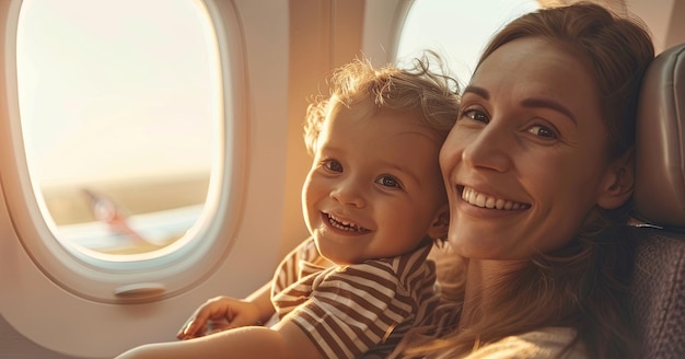 Photo a smiling mother holding her cheerful child as they sit together by the window on an airplane