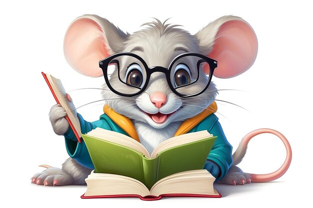 Smiling Mouse Bookworm with Glasses Reading a Book