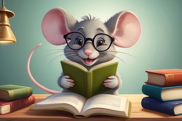 Smiling Mouse Bookworm with Glasses Reading a Book