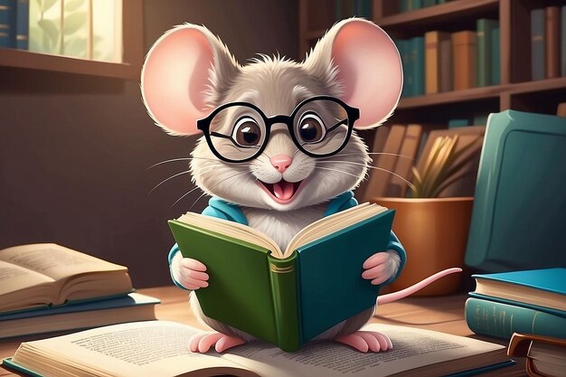 Smiling Mouse Bookworm with Glasses Reading a Book