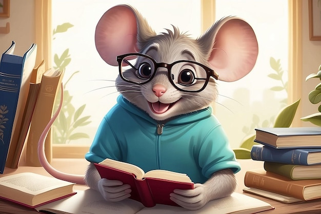 Smiling Mouse Bookworm with Glasses Reading a Book