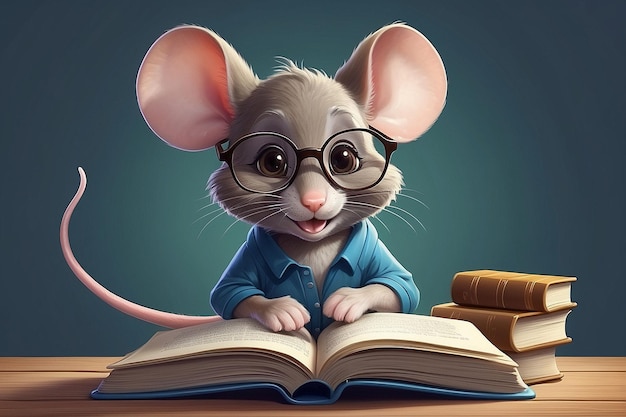 Photo smiling mouse bookworm with glasses reading a book