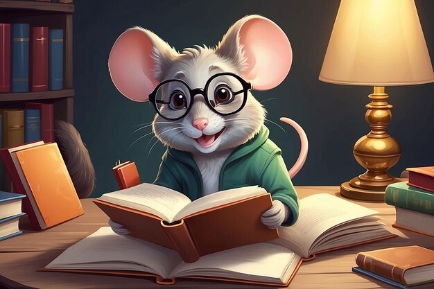 Photo smiling mouse bookworm with glasses reading a book