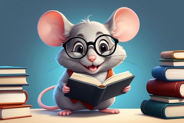 Smiling Mouse Bookworm with Glasses Reading a Book