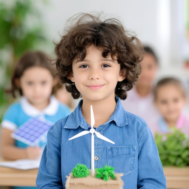 Smiling multiethnic child with model wind turbines and solar panels in classroom group of children on blur background eco friendly energy concept