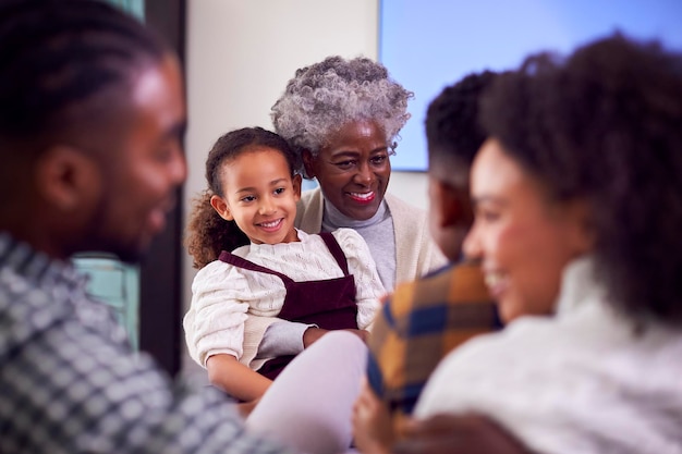 Smiling MultiGeneration Family Relaxing In Lounge At Home Together