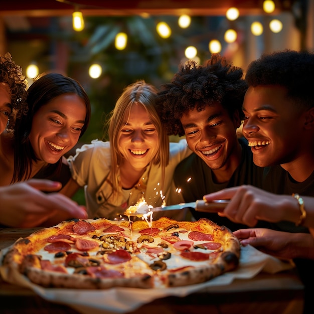 Smiling multiracial group of young friends at pub sharing a large ham and mushroom pizza having fun