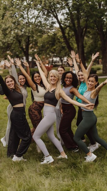 Smiling multiracial women with arms raised at park