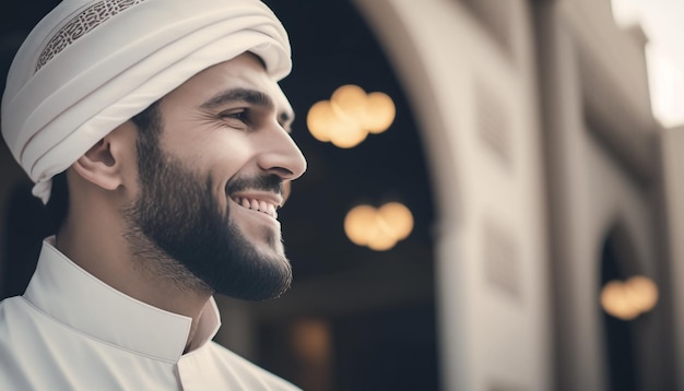 Smiling muslim guy in front of a beautiful mosque