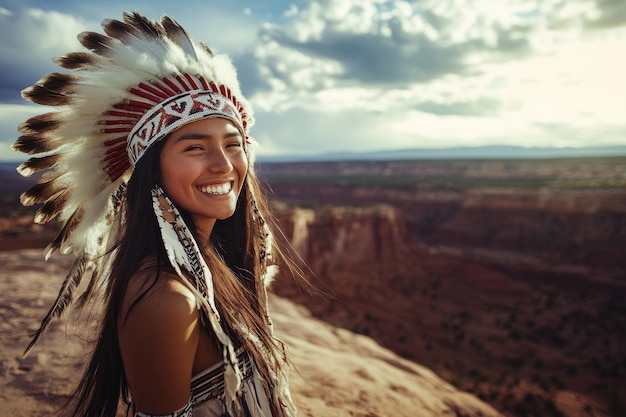 Photo smiling native american woman wearing traditional headdress standing on cliff with landscape behind