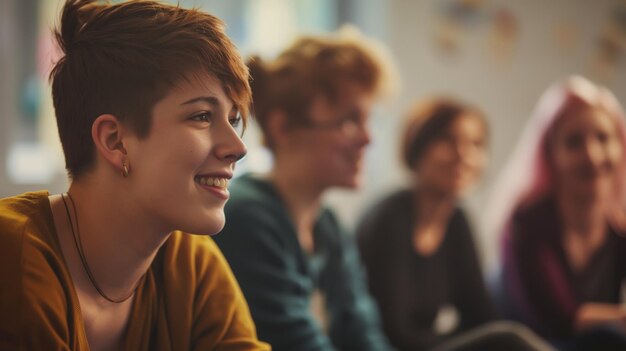 Smiling nonbinary individual leading a discussion with a team of diverse and attentive coworkers