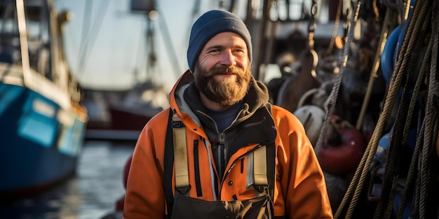 Smiling Nordic fisherman in a Scandinavian fishing harbor professional and commercial Concept Nordic Fisherman Scandinavian Harbor Professional Photoshoot Commercial Photography