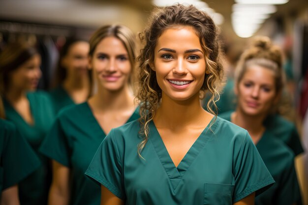 Smiling nurse in green coat stands in front of patients room in hospital