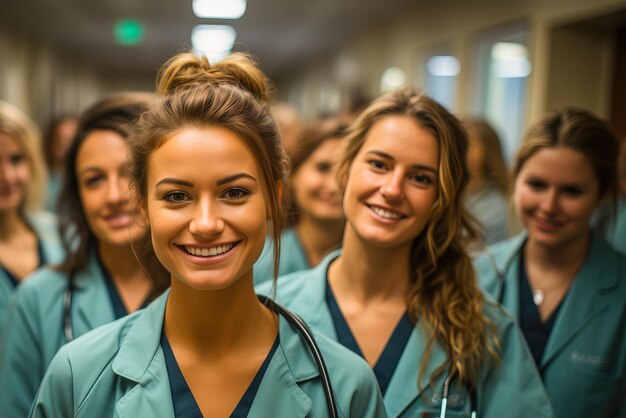 Smiling nurse in green coat stands in front of patients room in hospital