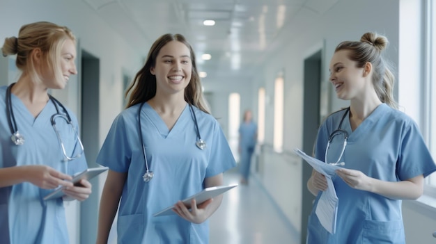 Photo smiling nurses walking in hospital