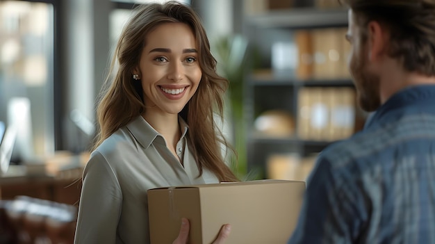 Smiling Office Worker Receiving a Package with a Cheerful Expression