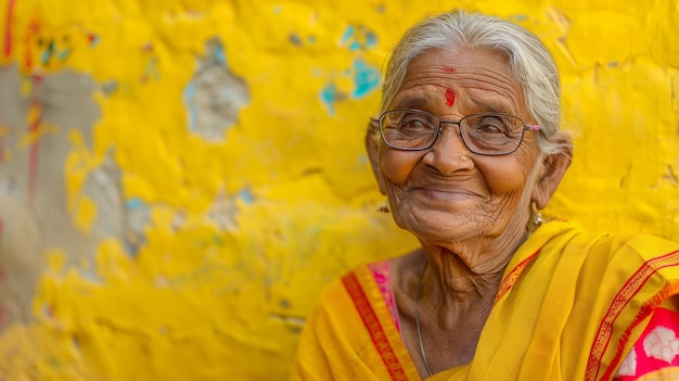 A smiling old Indian woman wearing glasses and a yellow sari