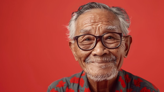 A smiling old Indonesian man with glasses against a vibrant red backdrop