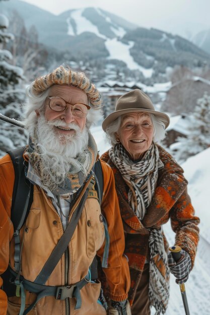 Smiling old man and old woman climbing a mountain in winter selective focus