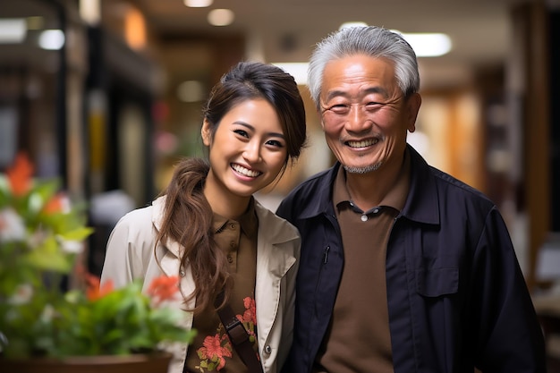 A smiling old man and a woman posing for a photo