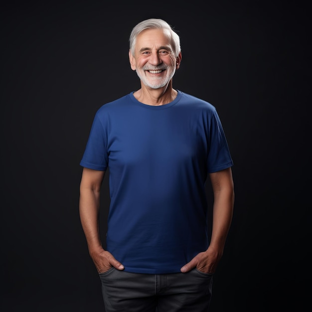 Smiling old men wearing blue TShirt Mockup on black studio background