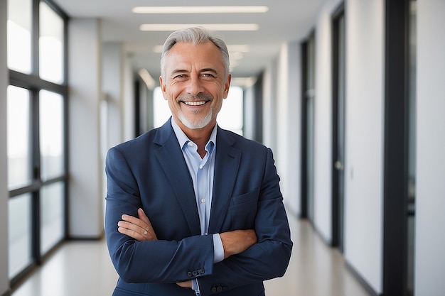 Smiling older bank manager or investor happy middle aged business man boss leader confident mid adult professional businessman executive standing in office hallway mature entrepreneur portrait