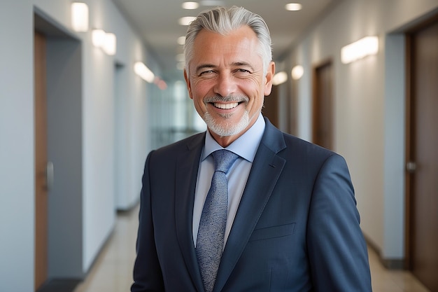 Smiling older bank manager or investor happy middle aged business man boss leader confident mid adult professional businessman executive standing in office hallway mature entrepreneur portrait