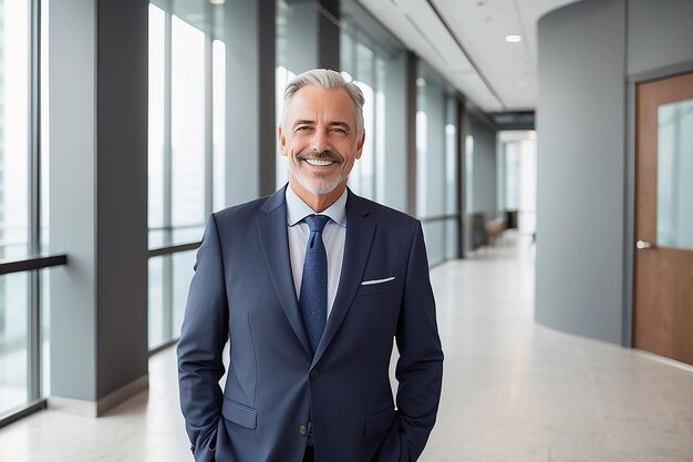 Smiling older bank manager or investor happy middle aged business man boss leader confident mid adult professional businessman executive standing in office hallway mature entrepreneur portrait