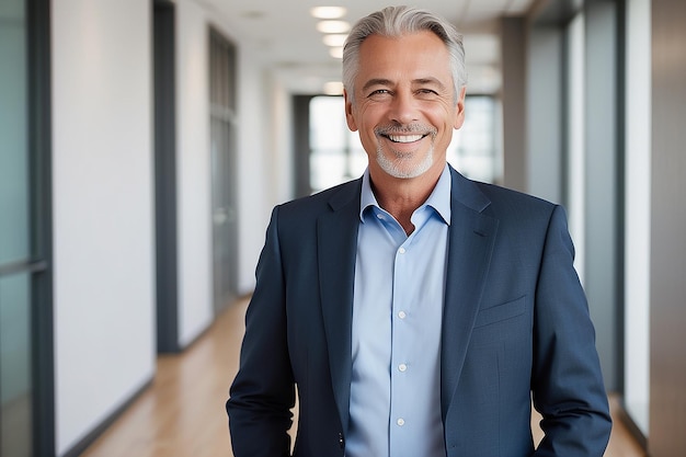 Smiling older bank manager or investor happy middle aged business man boss leader confident mid adult professional businessman executive standing in office hallway mature entrepreneur portrait