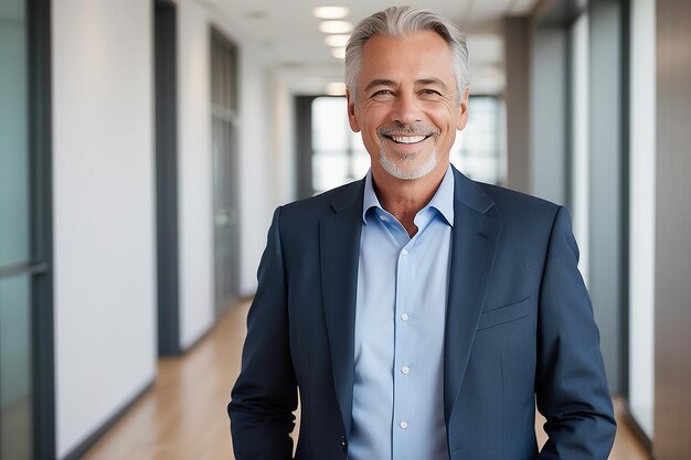 Photo smiling older bank manager or investor happy middle aged business man boss leader confident mid adult professional businessman executive standing in office hallway mature entrepreneur portrait