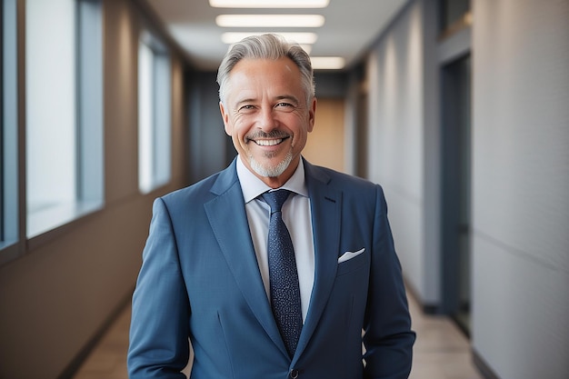 Smiling older bank manager or investor happy middle aged business man boss leader confident mid adult professional businessman executive standing in office hallway mature entrepreneur portrait