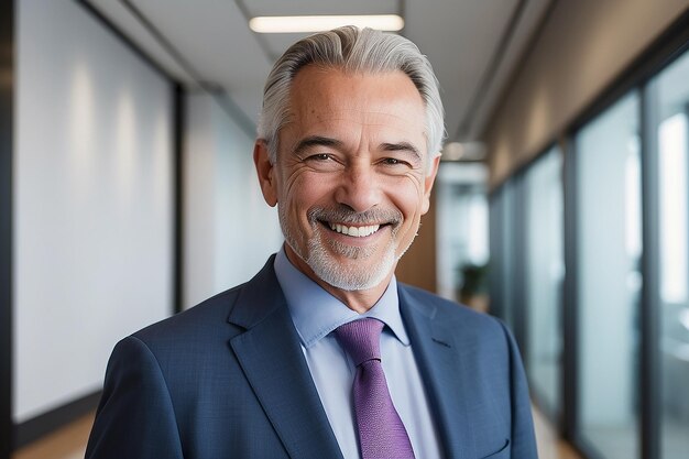 Photo smiling older bank manager or investor happy middle aged business man boss leader confident mid adult professional businessman executive standing in office hallway mature entrepreneur portrait