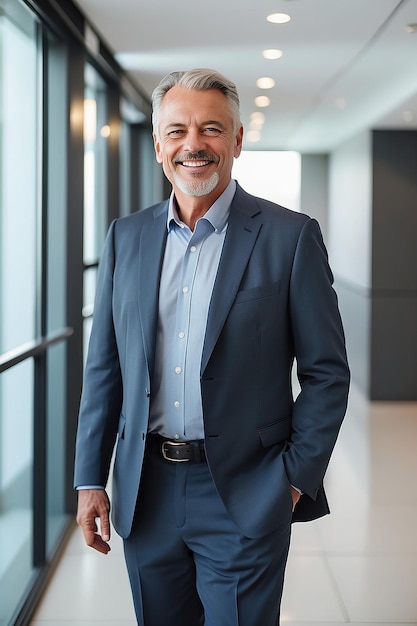 Smiling older bank manager or investor happy middle aged business man boss leader confident mid adult professional businessman executive standing in office hallway mature entrepreneur portrait