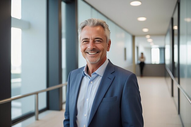 Smiling older bank manager or investor happy middle aged business man boss leader confident mid adult professional businessman executive standing in office hallway mature entrepreneur portrait