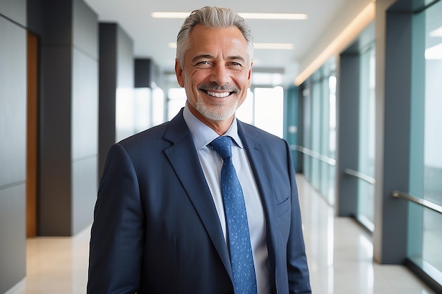 Smiling older bank manager or investor happy middle aged business man boss leader confident mid adult professional businessman executive standing in office hallway mature entrepreneur portrait