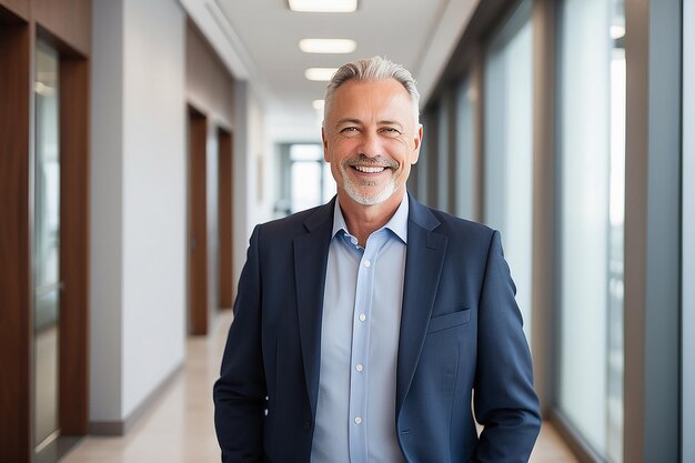 Smiling older bank manager or investor happy middle aged business man boss leader confident mid adult professional businessman executive standing in office hallway mature entrepreneur portrait