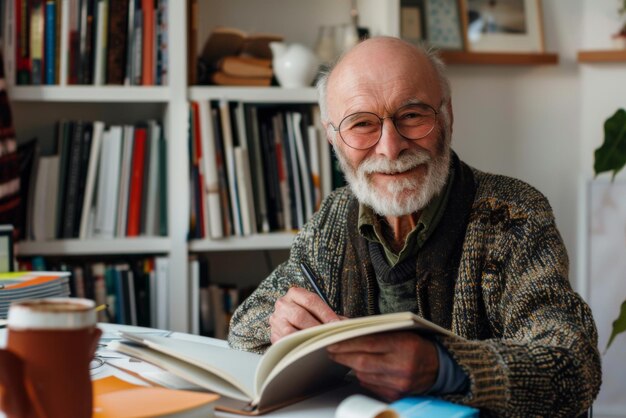 Smiling older man studying at home