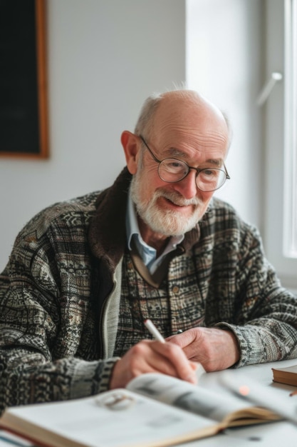 Smiling older man studying at home