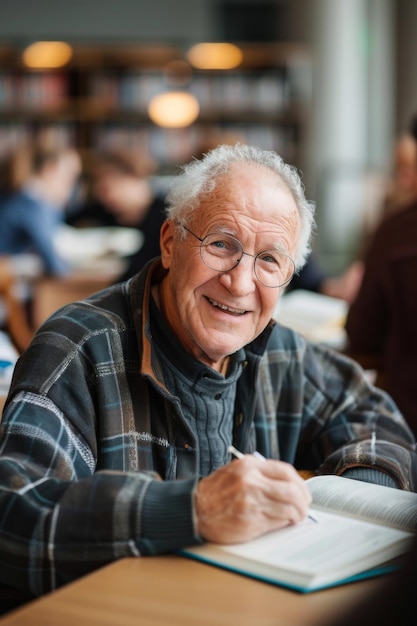 Smiling older man studying in university library