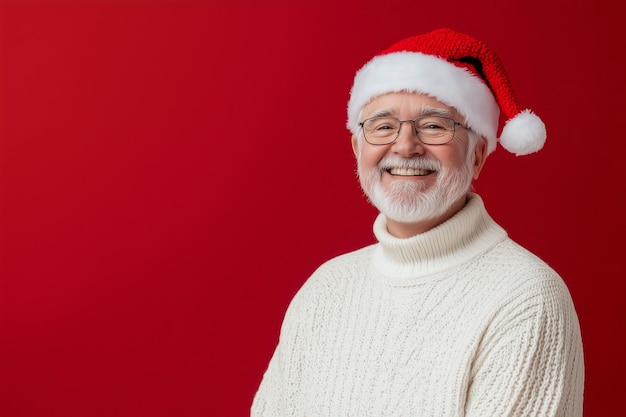 smiling older man wearing a red Santa hat and glasses He is wearing a white sweater and smiling