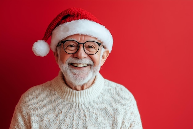 Photo smiling older man wearing a red santa hat and glasses he is wearing a white sweater and smiling