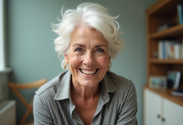 Photo a smiling older woman with short white hair wearing a plaid shirt