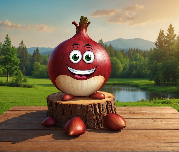 a smiling onion with a happy face sits on a log