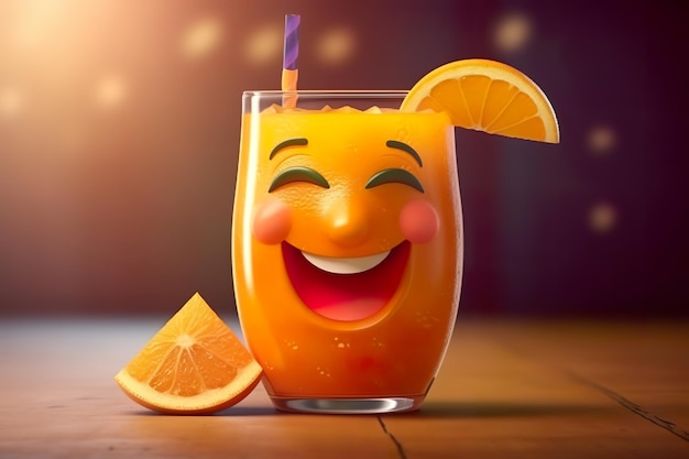 A smiling orange drink with a slice of orange on it