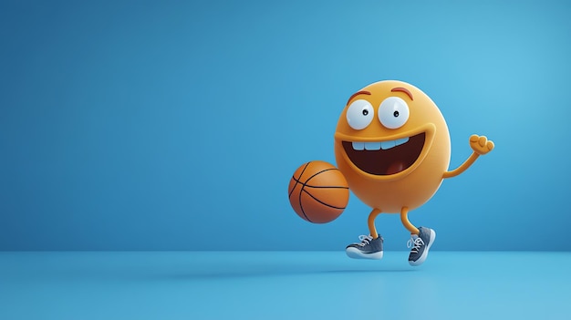 Photo a smiling orange emoji character is playing basketball