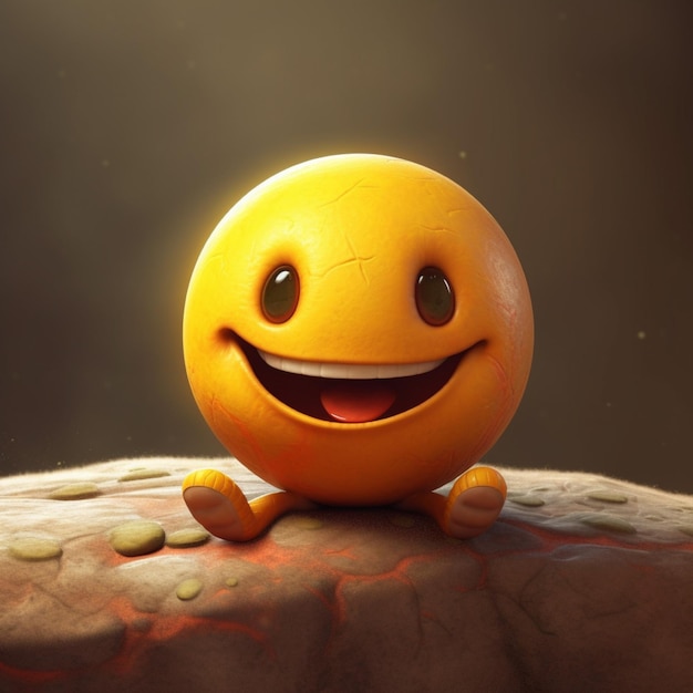 Smiling orange emoticon on a dark background 3d render