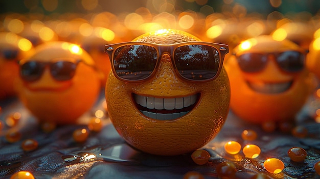 a smiling orange with sunglasses on it and a smile on his face